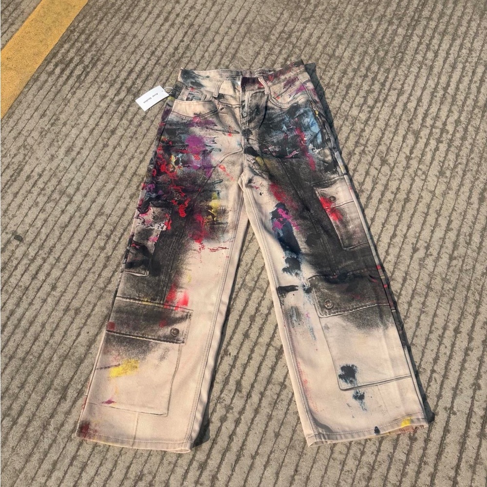 Acne Cream Cargo Jeans Overalls with Multicolor Paint Splatter